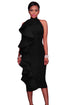 Sexy Black Halter High Neck Ruffled Midi Party Dress with Back Slit